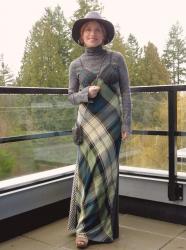 Jumper:  plaid flannel maxidress, turtleneck, and floppy hat