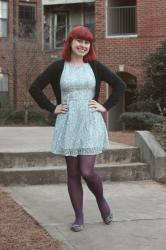 Outfit: Light Blue Lace Dress with Purple Tights and Colorful Snakeskin Flats
