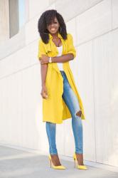 Yellow Trench + Bodysuit + Distressed Jeans