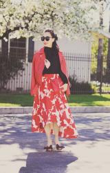 Confident Red: Red Leather Jacket & Red Floral Skirt