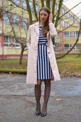 pink coat with striped dress