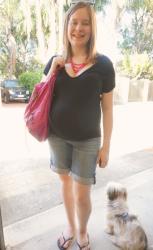 Non-Maternity Tops in The Third Trimester with Denim Shorts and Balenciaga Magenta Day Bag