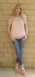 Outfit: Blush Pink Top with Boyfriend Jeans and Pink Heels