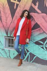 Abrigo rojo & bolso multicolor