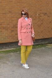 How to Style a Plain White Roll Neck | With a Peach Coat and Mustard Yellow Trousers