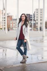 Outfit: maxi coat, boyfriend jeans and chelsea boots