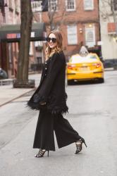 Black Feathered Coat x Wide-Legged Jumpsuit