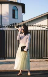 Yellow & Gold: Yellow Pleated Skirt & Chanel Flats