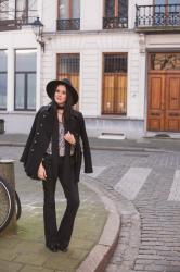 Outfit: 70s in hat, military coat and flares