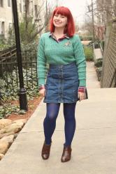 Outfit: Seafoam Cable Knit Sweater over a Flannel Top, Denim Button Down Skirt, and Blue Tights