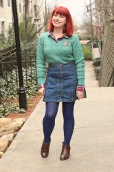 Outfit: Seafoam Cable Knit Sweater over a Flannel Top, Denim Button Down Skirt, and Blue Tights