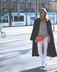 NAVY MAXI COAT + WHITE + POP OF COLOR