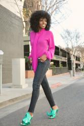Magenta Tie Front Blouse + Dark Rinse Ankle Jeans