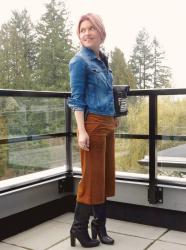 Worrywart:  denim jacket, faux-suede culottes, and black knee boots