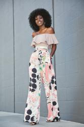 Frill Off Shoulder Blouse + High Waist Printed Pants