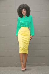 Green Tie Front Blouse + Yellow Pencil Skirt