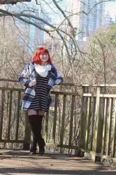 Outfit: Striped Dress, Blue Plaid Coat, Knee Socks, and a White Knit Scarf