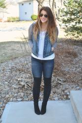 Silver Denim Hooded Jacket + Stuart Weitzman.