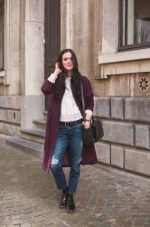 Outfit: eggplant robe coat, Edwardian blouse and boyfriend jeans