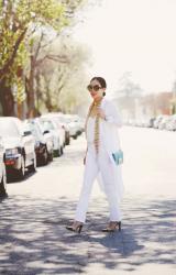 Spring Layers: Maxi Shirt, White Jeans & Skinny Scarf