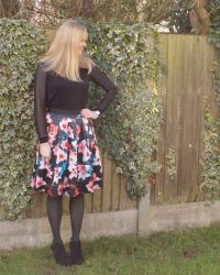 Outfit: Floral Skirt with High Heeled Ankle Boots