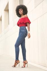 Off Shoulder Frill Blouse + High Waist Levi’s Jeans