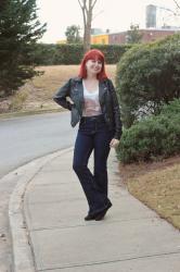 Outfit: High Waisted Bell Bottoms, Donut Print T-shirt, and a Black Leather Jacket