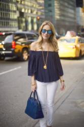 Navy Off Shoulder Top // White Jeans