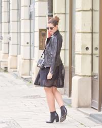 Outfit: All Black // Hallhuber Kleid, Bomboogie Lederjacke, Rebecca Minkoff Tasche