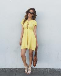 yellow lace up mini dress
