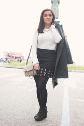 Studded skirt and white sweater