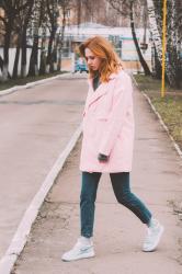 Pink coat.