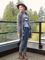 Throwing stones:  sequinned tee with patterned pants, a layered plaid shirt and sweater, and felt fedora