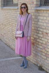 Pink midi tulle dress and Chanel inspired jacket