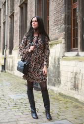 Outfit: 70s in peasant style floral dress and knee boots