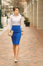 work uniform | striped shirt, cobalt blue pencil skirt