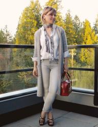 View to a thrill:  grey skinnies, white shirt, long cardigan, and strappy shoes