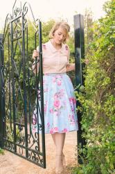 Blue Floral Midi Skirt in a Tangled Maze