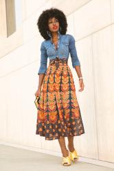 Denim Shirt + Printed Wrap Midi Skirt