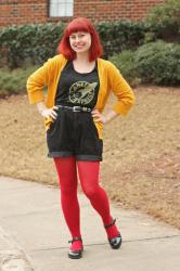 Outfit: Futurama Tank Top, Mustard Cardigan, Corduroy Shorts, and Red Tights