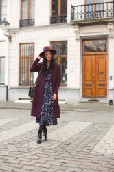 Outfit: patchwork midi dress, robe coat