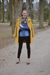 green skinny silk scarf with yellow coat