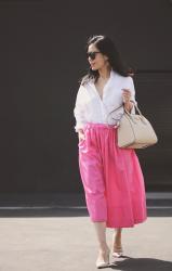 In Pink: Oversized Shirt and Pink Midi Skirt