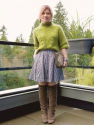 Rabbit season:  gingham skirt, funnel-neck sweater, and over-the-knee boots 