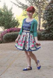 Outfit: Floral and Bow Print Dress, Teal Cardigan, Blue Flats, and Retro Hair