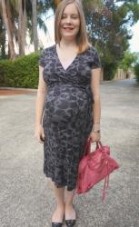 Office Wear at 37 Weeks Pregnant: Printed Wrap Dresses and Sorbet Pink Balenciaga City Bag