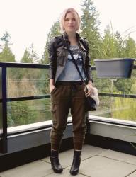 Mojo:  sequinned tee, slouchy cargos, moto jacket, and sherpa bag