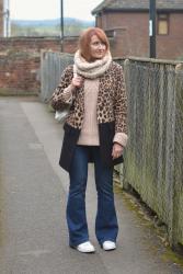 Two Tone Leopard Coat, Flared Jeans and White Adidas + the #iwillwearwhatilike Link Up