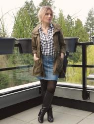 Crowning glory:  denim miniskirt with tights, tall boots, a plaid shirt, and an army jacket