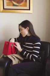 Navy stripes and red bag 